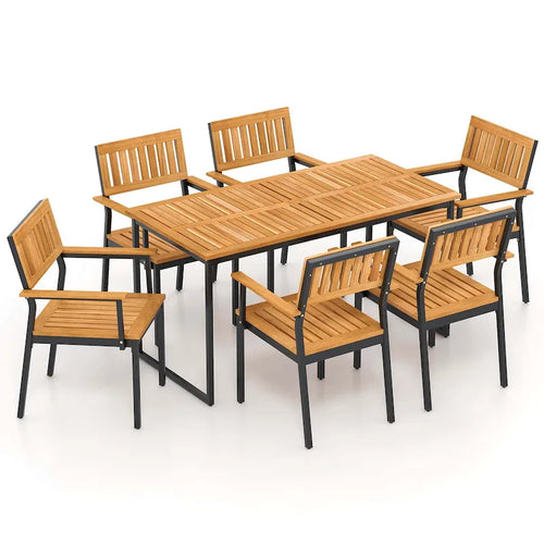 Ensemble de salle à manger d'extérieur 7 pièces en bois d'acacia pour 6 personnes, naturel + noir