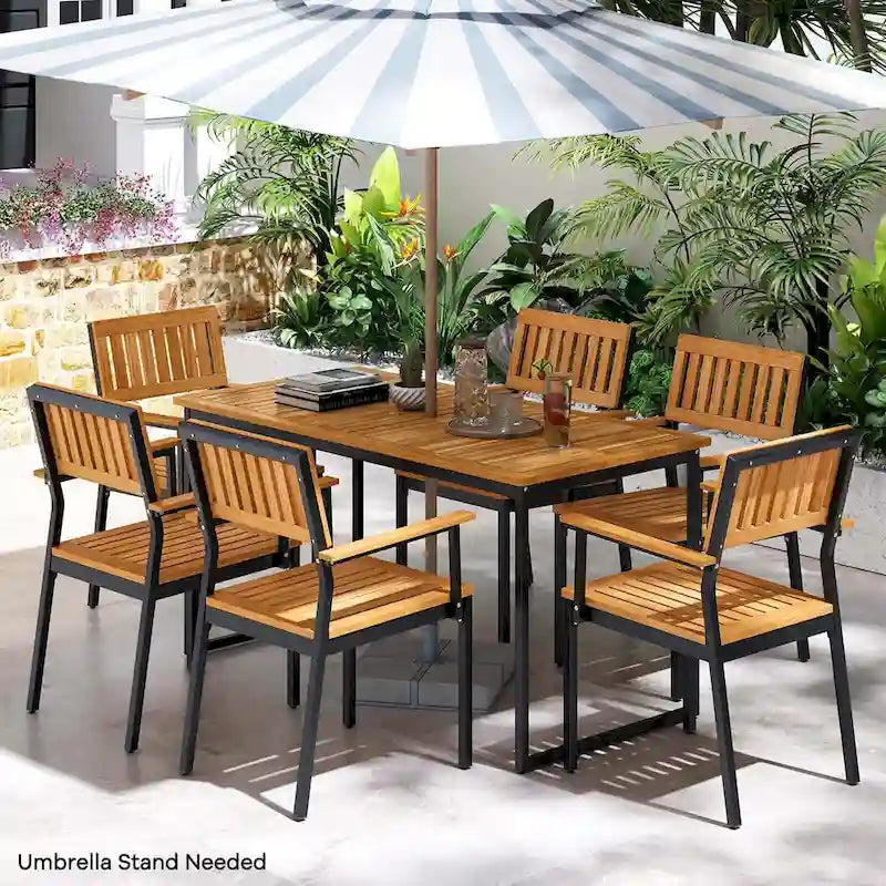 Ensemble de salle à manger d'extérieur 7 pièces en bois d'acacia pour 6 personnes, naturel + noir