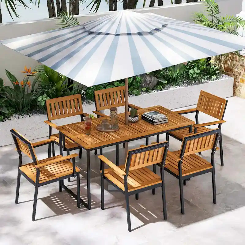 Ensemble de salle à manger d'extérieur 7 pièces en bois d'acacia pour 6 personnes, naturel + noir