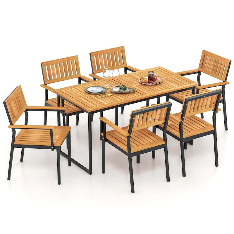 Ensemble de salle à manger d'extérieur 7 pièces en bois d'acacia pour 6 personnes, naturel + noir