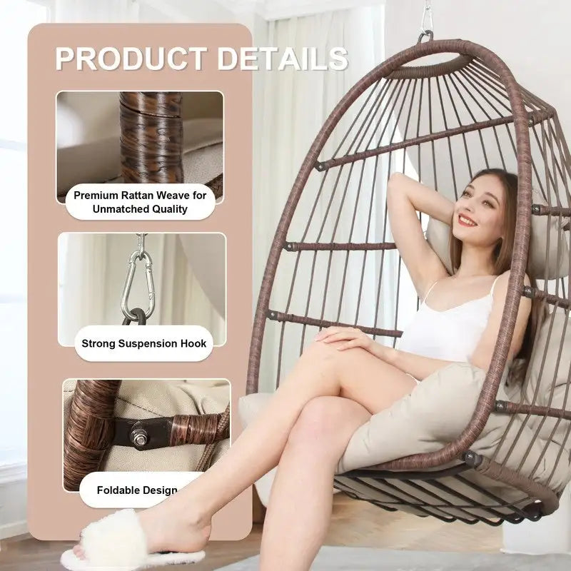 Chaise suspendue en forme d'œuf sans support | Rotin | 158 kg | Intérieur et Extérieur