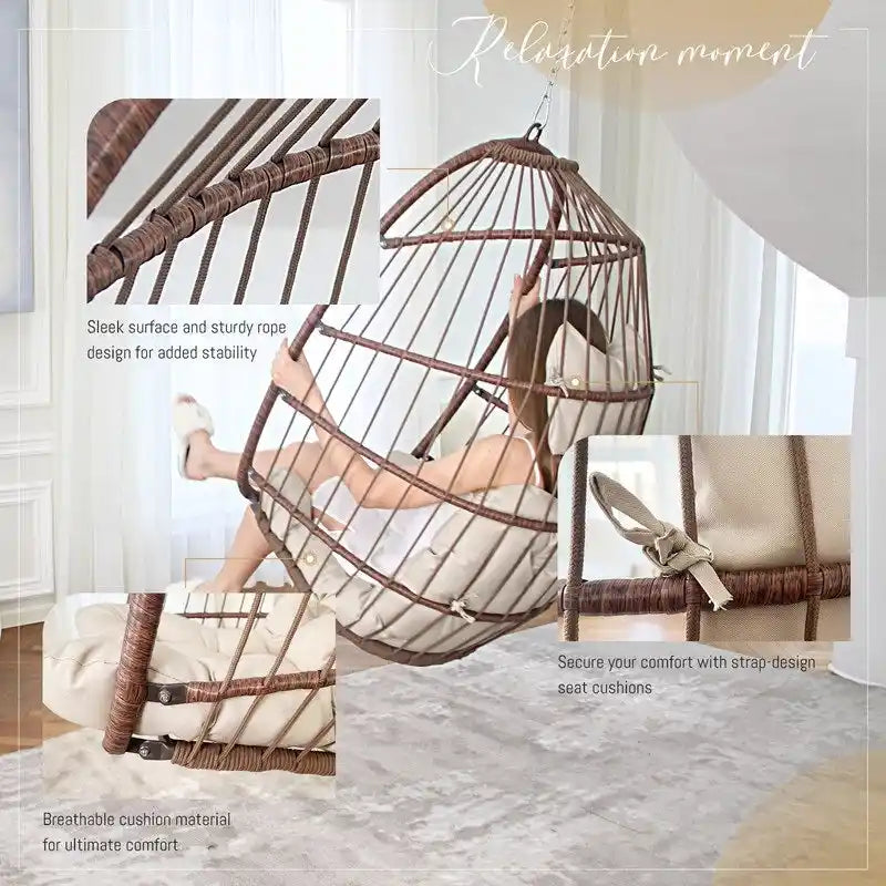 Chaise suspendue en forme d'œuf sans support | Rotin | 158 kg | Intérieur et Extérieur