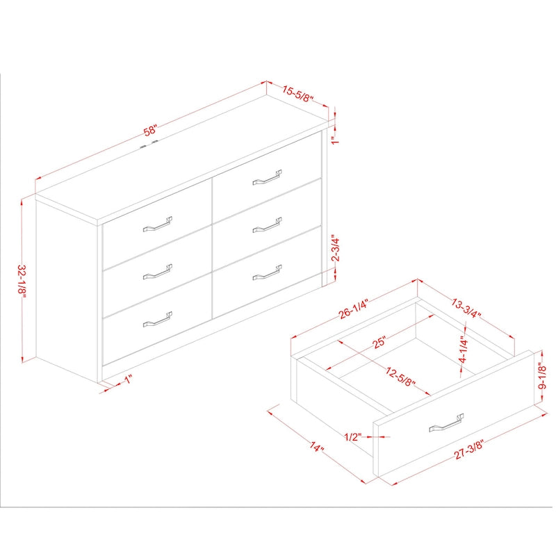 Commode à 6 tiroirs en noyer, style rustique, 56 po de largeur
