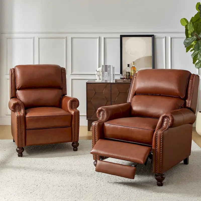Fauteuil inclinable en cuir véritable multicolore de style Mid-Century avec garniture cloutée, lot de 2