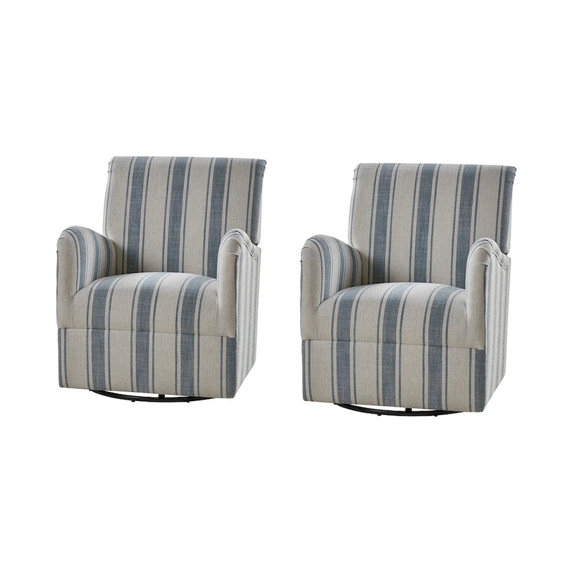 Fauteuil pivotant traditionnel à rayures jacobines bleues/bleues marines/noires/grises, lot de 2