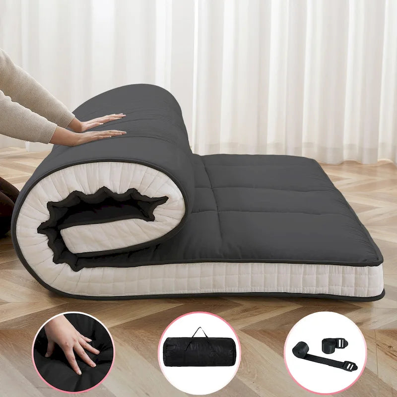 Matelas Futon de Sol Enroulable Gris/Noir – Standard et Épais, Jumeau/Double/Grand (Queen)