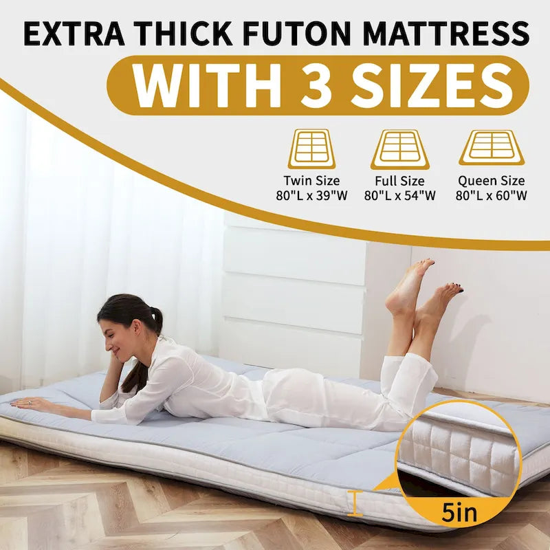 Matelas Futon de Sol Enroulable Gris/Noir – Standard et Épais, Jumeau/Double/Grand (Queen)