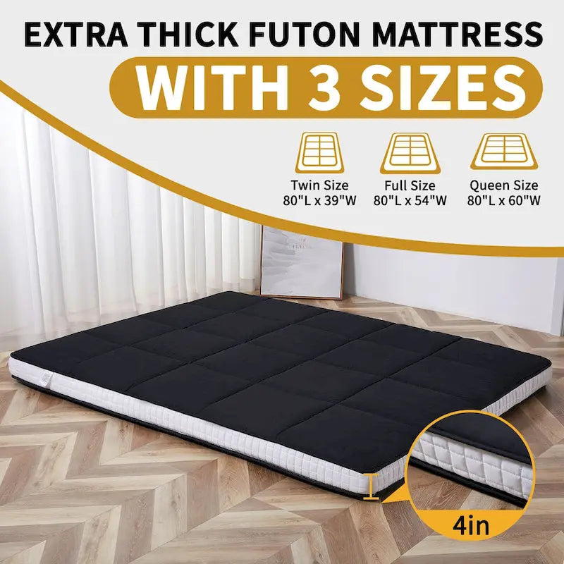 Matelas Futon de Sol Enroulable Gris/Noir – Standard et Épais, Jumeau/Double/Grand (Queen)