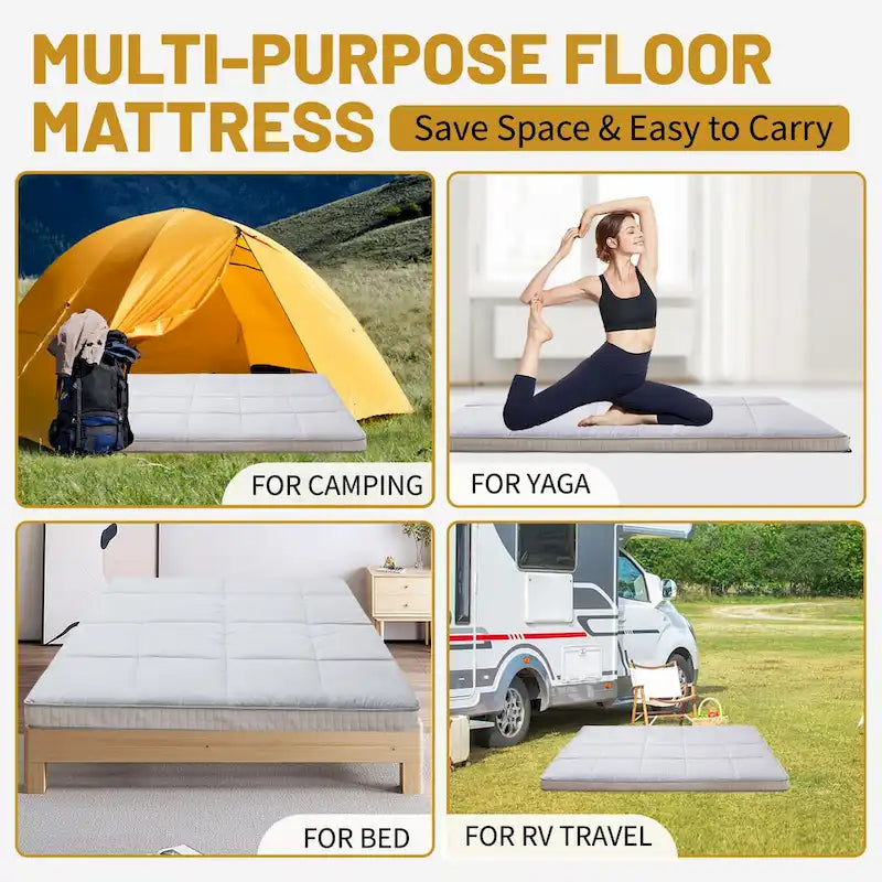 Matelas Futon de Sol Enroulable Gris/Noir – Standard et Épais, Jumeau/Double/Grand (Queen)