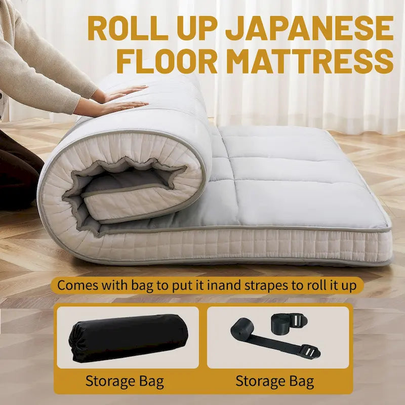 Matelas Futon de Sol Enroulable Gris/Noir – Standard et Épais, Jumeau/Double/Grand (Queen)
