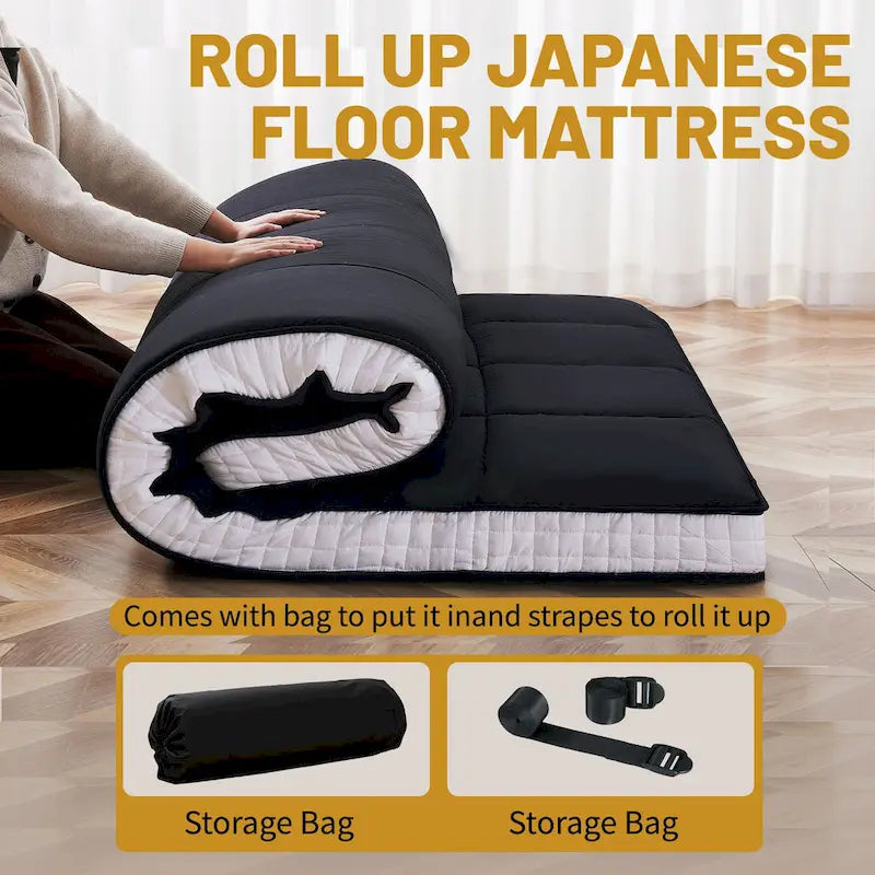 Matelas Futon de Sol Enroulable Gris/Noir – Standard et Épais, Jumeau/Double/Grand (Queen)
