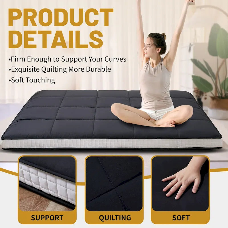Matelas Futon de Sol Enroulable Gris/Noir – Standard et Épais, Jumeau/Double/Grand (Queen)