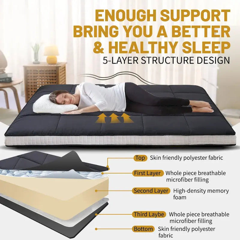 Matelas Futon de Sol Enroulable Gris/Noir – Standard et Épais, Jumeau/Double/Grand (Queen)