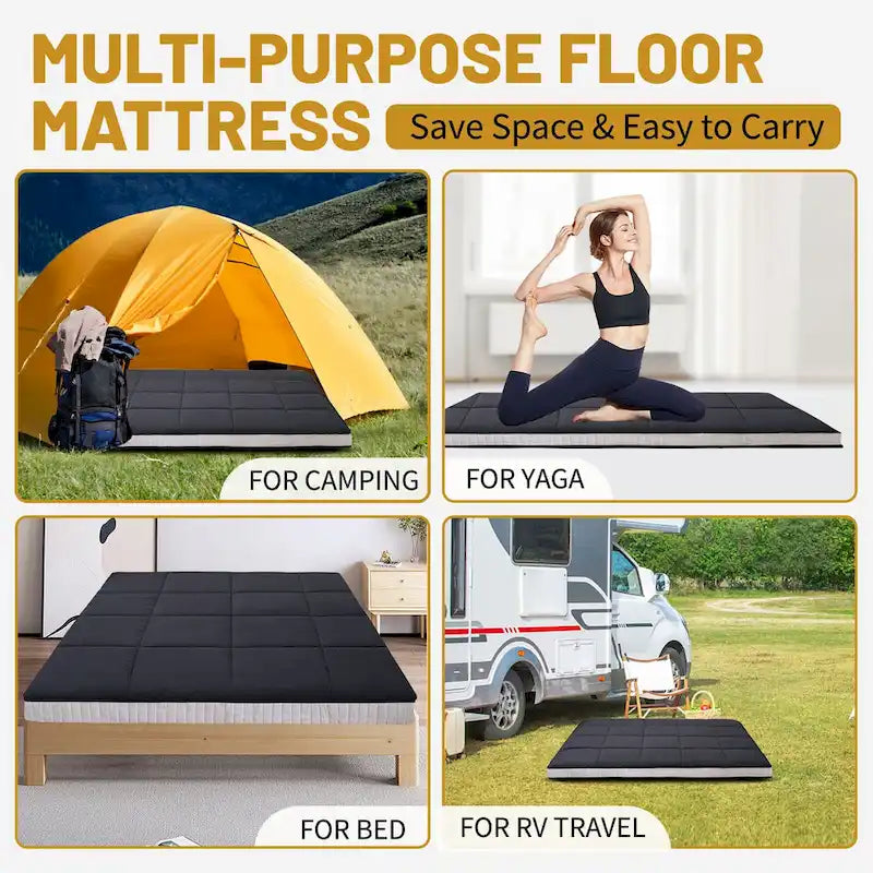 Matelas Futon de Sol Enroulable Gris/Noir – Standard et Épais, Jumeau/Double/Grand (Queen)