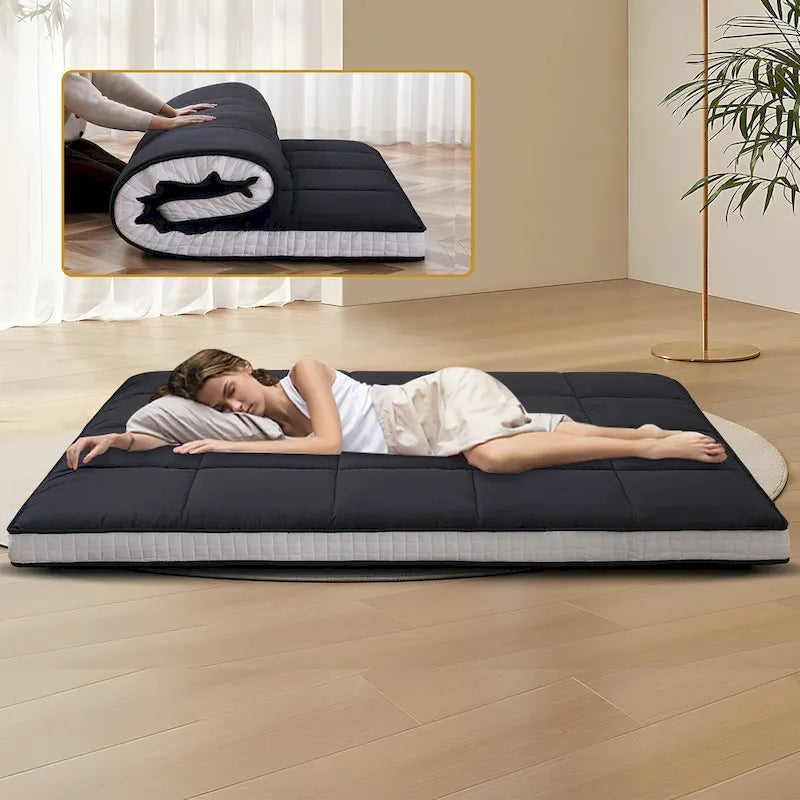 Matelas Futon de Sol Enroulable Gris/Noir – Standard et Épais, Jumeau/Double/Grand (Queen)