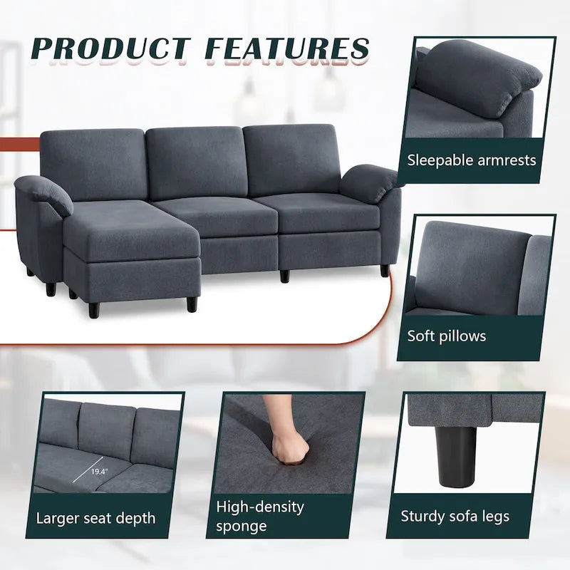 Canapé d'angle en tissu, 3 places, avec ottomane et oreillers amovibles, couleur kaki/noir/gris/vert