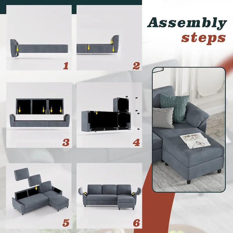 Canapé d'angle en tissu, 3 places, avec ottomane et oreillers amovibles, couleur kaki/noir/gris/vert