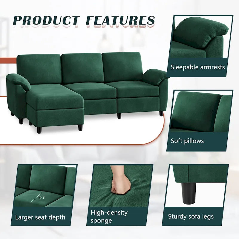 Canapé d'angle en tissu, 3 places, avec ottomane et oreillers amovibles, couleur kaki/noir/gris/vert