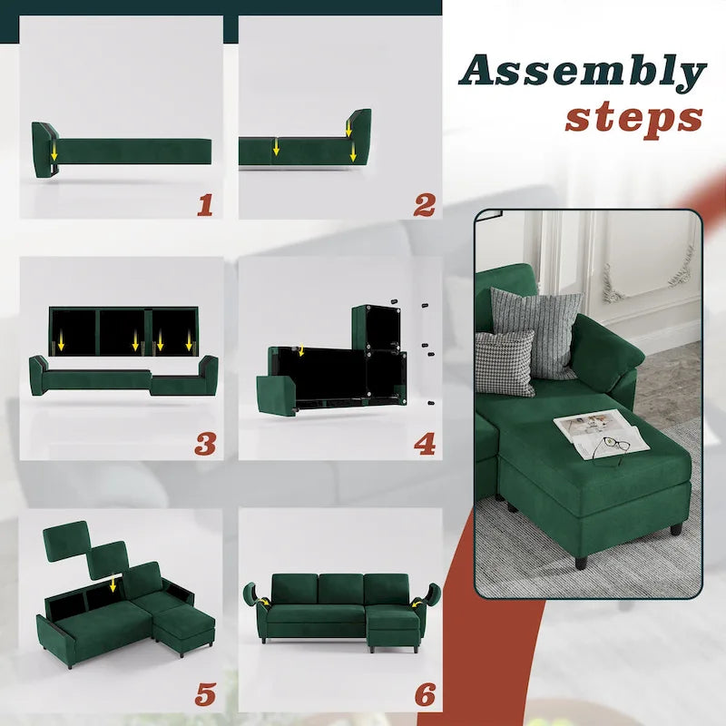 Canapé d'angle en tissu, 3 places, avec ottomane et oreillers amovibles, couleur kaki/noir/gris/vert