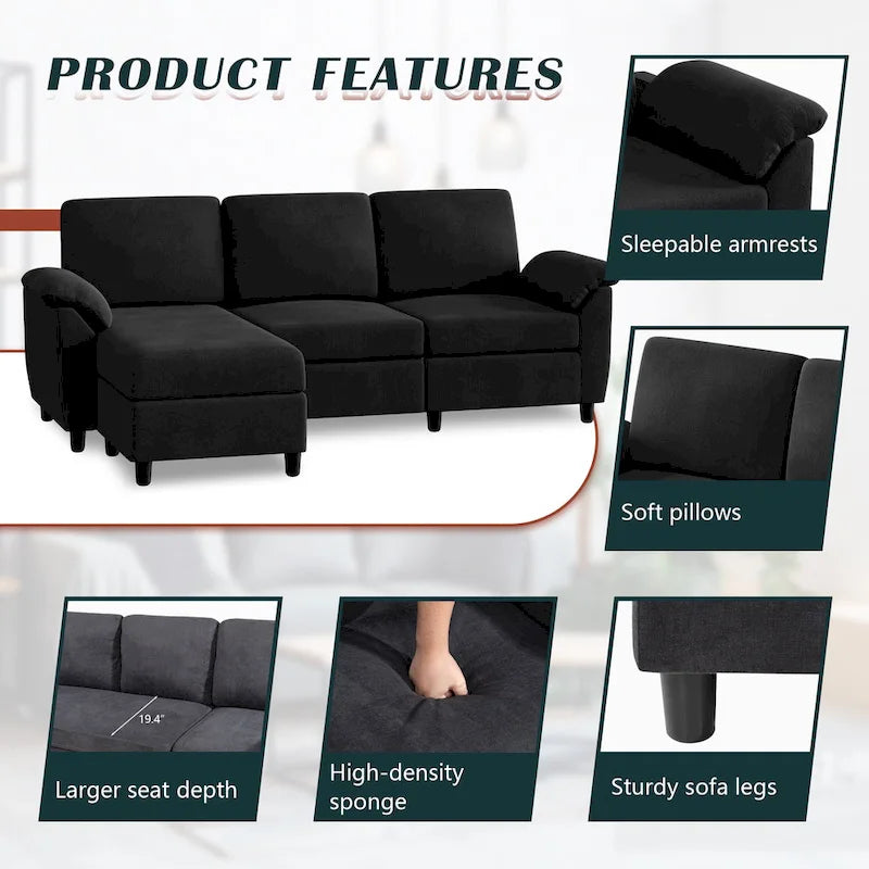 Canapé d'angle en tissu, 3 places, avec ottomane et oreillers amovibles, couleur kaki/noir/gris/vert