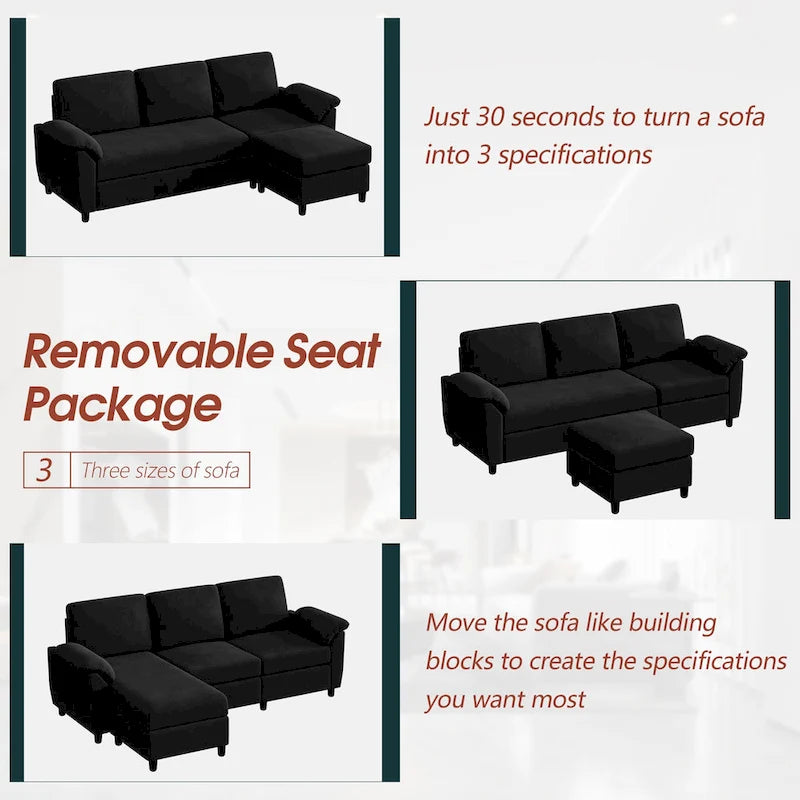 Canapé d'angle en tissu, 3 places, avec ottomane et oreillers amovibles, couleur kaki/noir/gris/vert