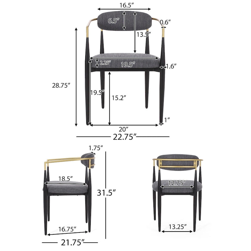 Chaise de salle à manger capitonnée noire/dorée, style moderne, lot de 2