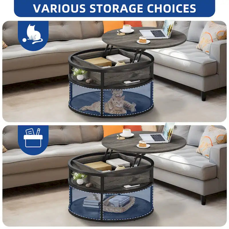 Table basse relevable ronde avec rangement, multicolore, 1-2 personnes