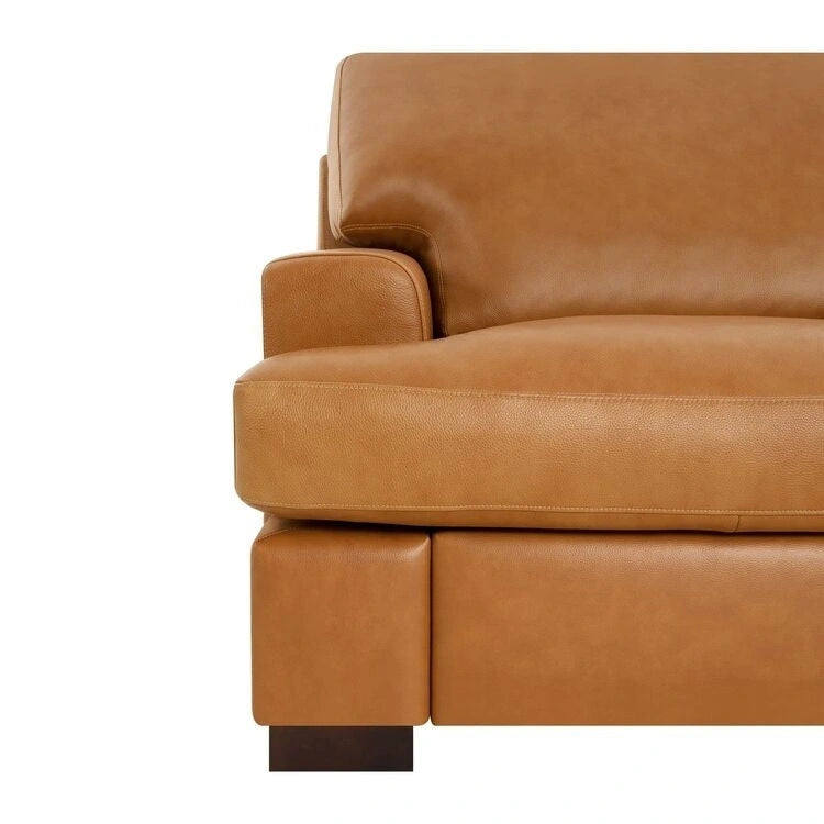 Canapé moderne en cuir véritable avec pieds en bois et coussin traversin supplémentaire