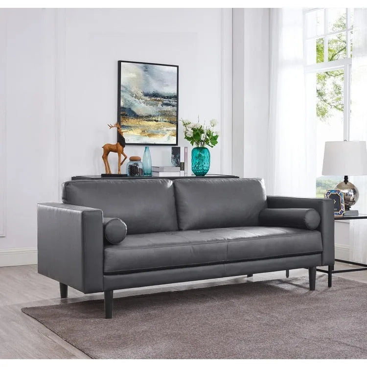 Canapé moderne en cuir véritable avec pieds en bois et coussin traversin supplémentaire