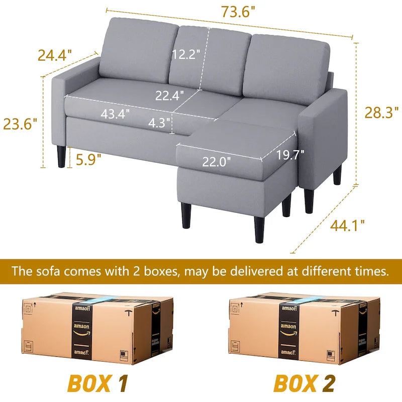 Canapé d'angle convertible en L, 2 places | Gris clair / Gris foncé / Marron / Kaki / Noir
