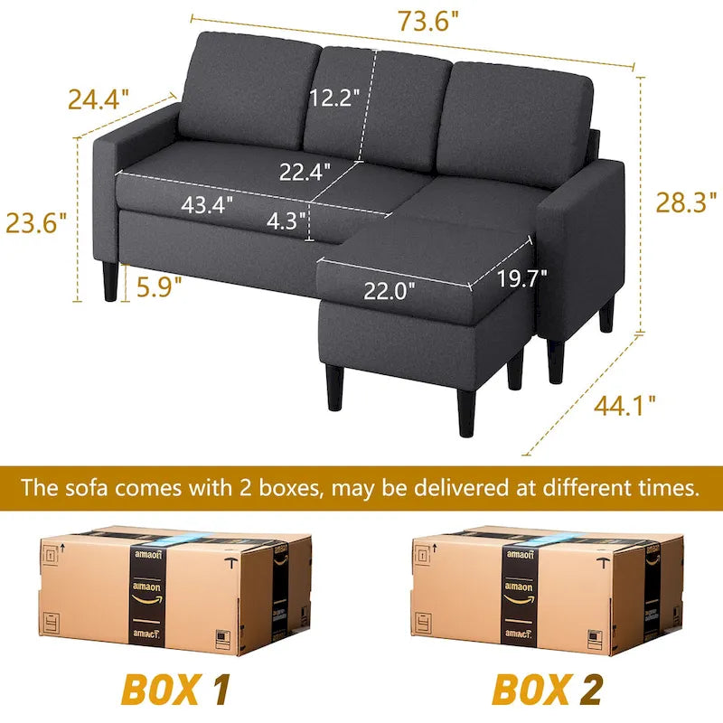 Canapé d'angle convertible en L, 2 places | Gris clair / Gris foncé / Marron / Kaki / Noir