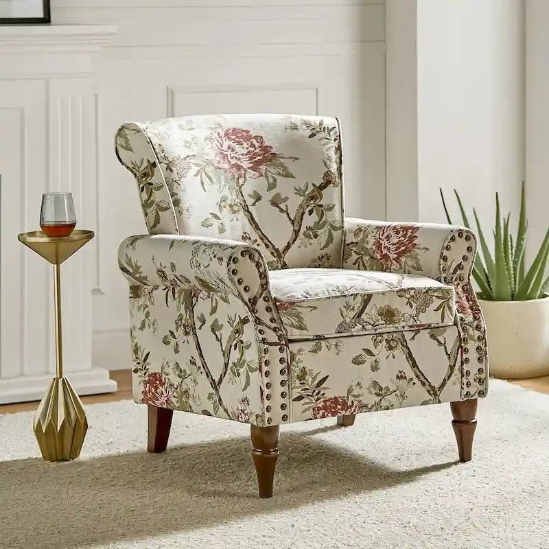 Fauteuil d'appoint à oreilles, accoudoirs roulés et clouté, multicolore, une place