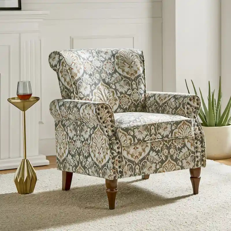 Fauteuil d'appoint à oreilles, accoudoirs roulés et clouté, multicolore, une place