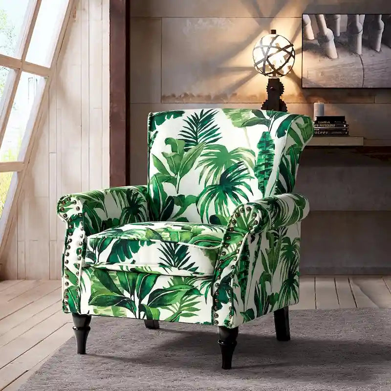 Fauteuil d'appoint à oreilles, accoudoirs roulés et clouté, multicolore, une place