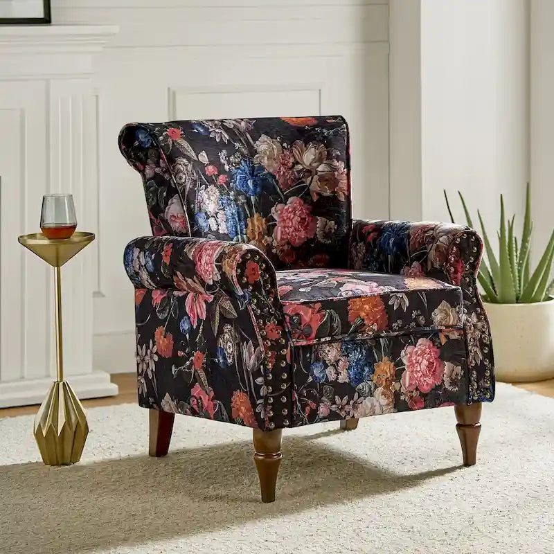 Fauteuil d'appoint à oreilles, accoudoirs roulés et clouté, multicolore, une place