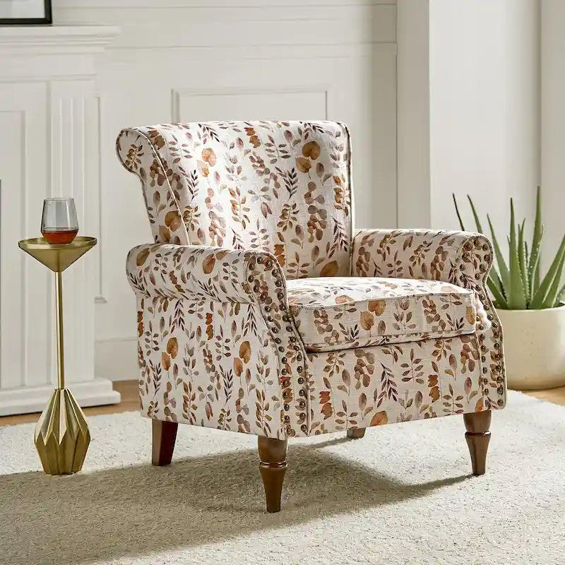 Fauteuil d'appoint à oreilles, accoudoirs roulés et clouté, multicolore, une place