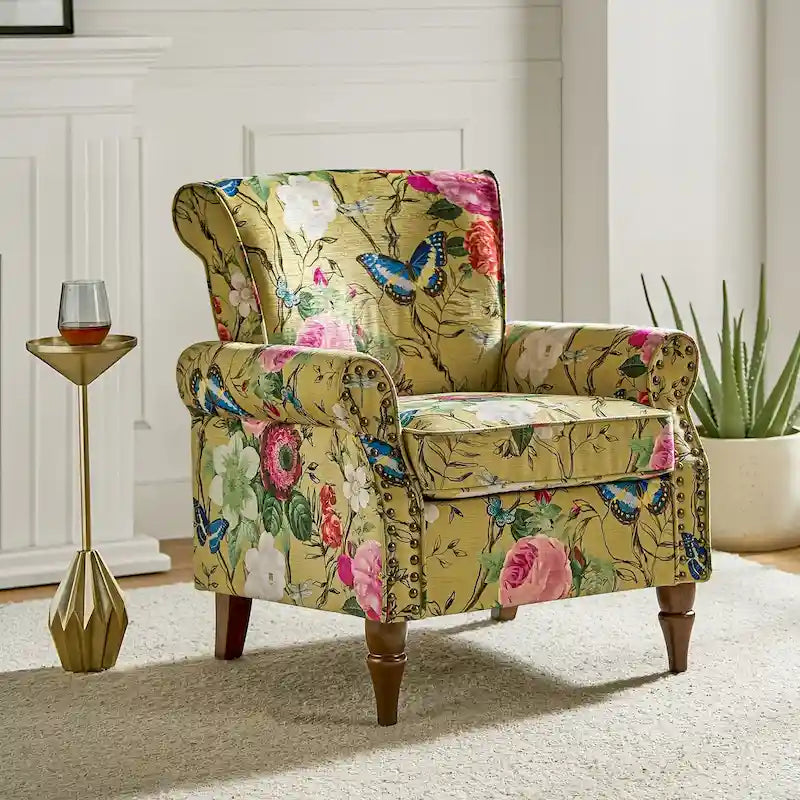 Fauteuil d'appoint à oreilles, accoudoirs roulés et clouté, multicolore, une place