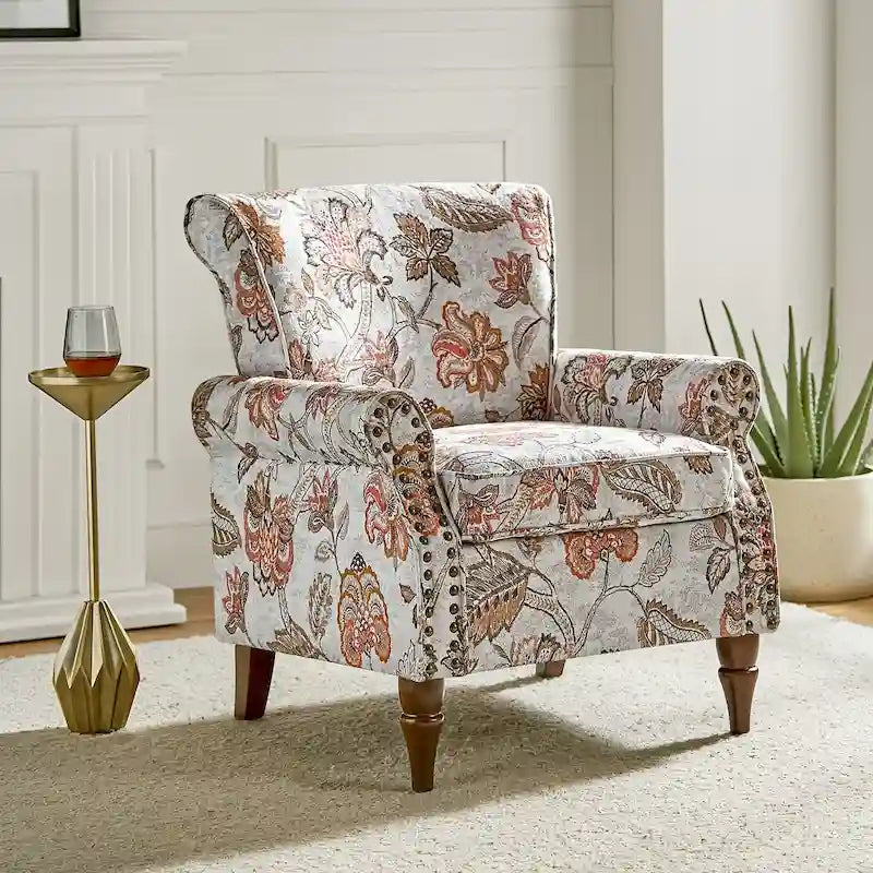 Fauteuil d'appoint à oreilles, accoudoirs roulés et clouté, multicolore, une place