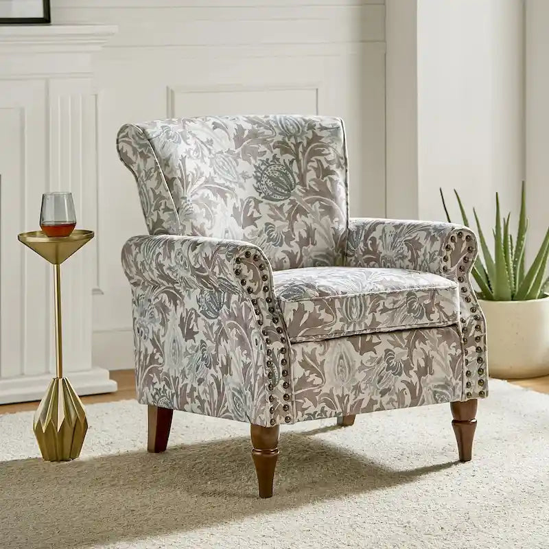Fauteuil d'appoint à oreilles, accoudoirs roulés et clouté, multicolore, une place