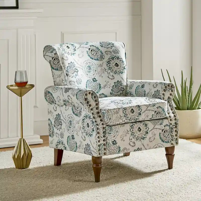 Fauteuil d'appoint à oreilles, accoudoirs roulés et clouté, multicolore, une place