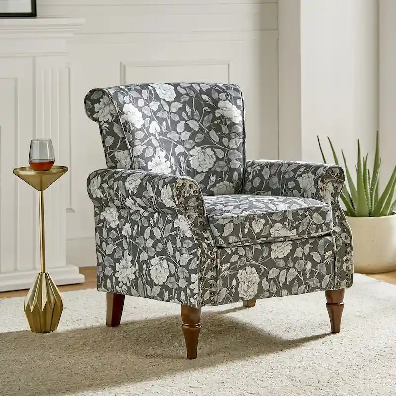 Fauteuil d'appoint à oreilles, accoudoirs roulés et clouté, multicolore, une place