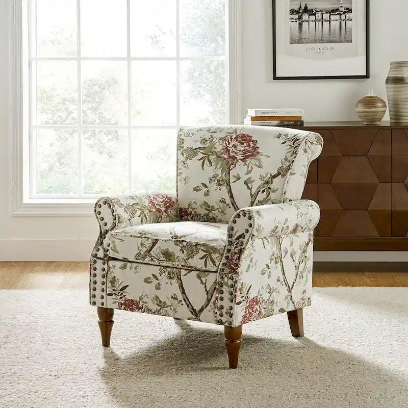 Fauteuil d'appoint à oreilles, accoudoirs roulés et clouté, multicolore, une place