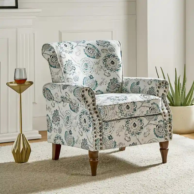Fauteuil d'appoint à oreilles, accoudoirs roulés et clouté, multicolore, une place