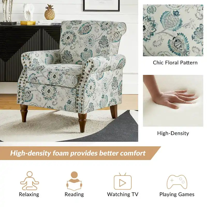 Fauteuil d'appoint à oreilles, accoudoirs roulés et clouté, multicolore, une place