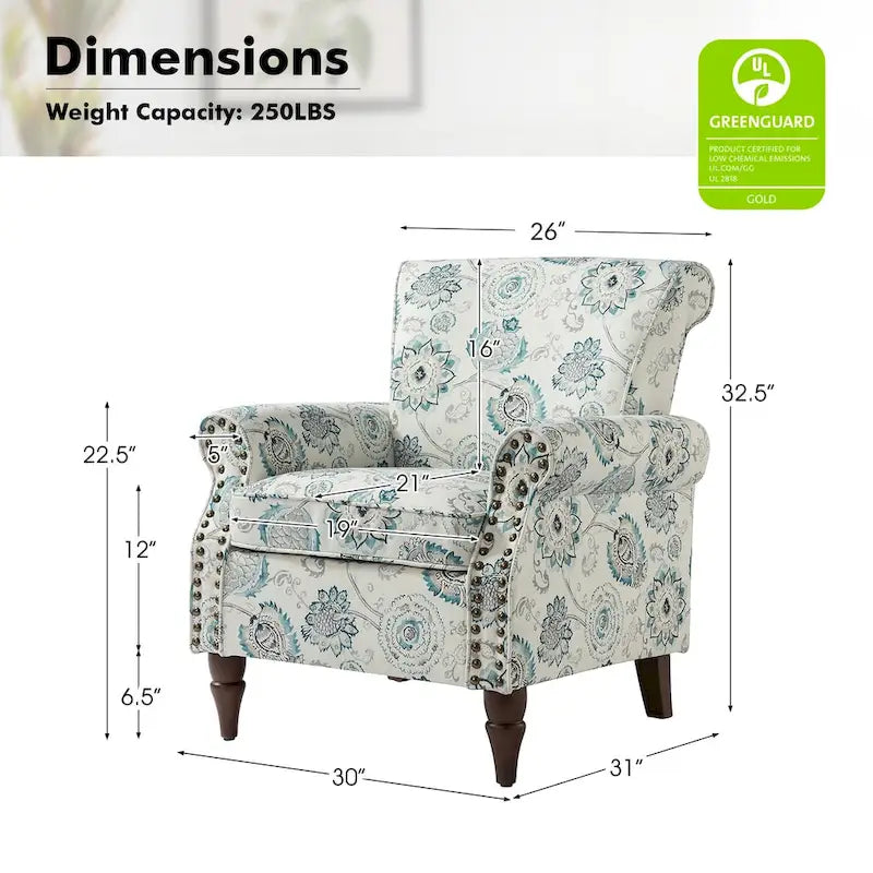 Fauteuil d'appoint à oreilles, accoudoirs roulés et clouté, multicolore, une place
