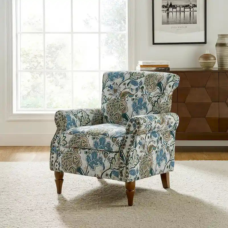 Fauteuil d'appoint à oreilles, accoudoirs roulés et clouté, multicolore, une place
