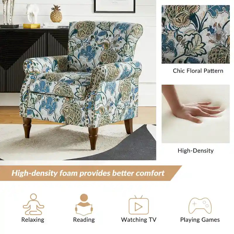 Fauteuil d'appoint à oreilles, accoudoirs roulés et clouté, multicolore, une place