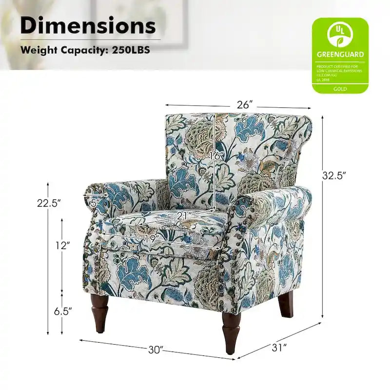 Fauteuil d'appoint à oreilles, accoudoirs roulés et clouté, multicolore, une place