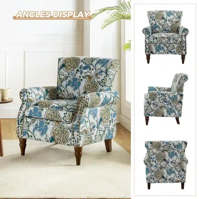 Fauteuil d'appoint à oreilles, accoudoirs roulés et clouté, multicolore, une place
