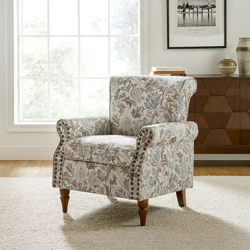Fauteuil d'appoint à oreilles, accoudoirs roulés et clouté, multicolore, une place